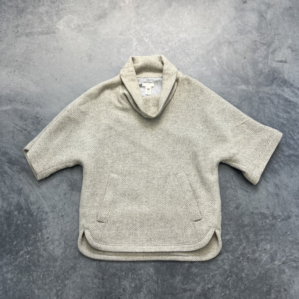 J. Crew Herringbone Cowlneck Wool Blend Poncho, Size XS, Oversized Grey / White